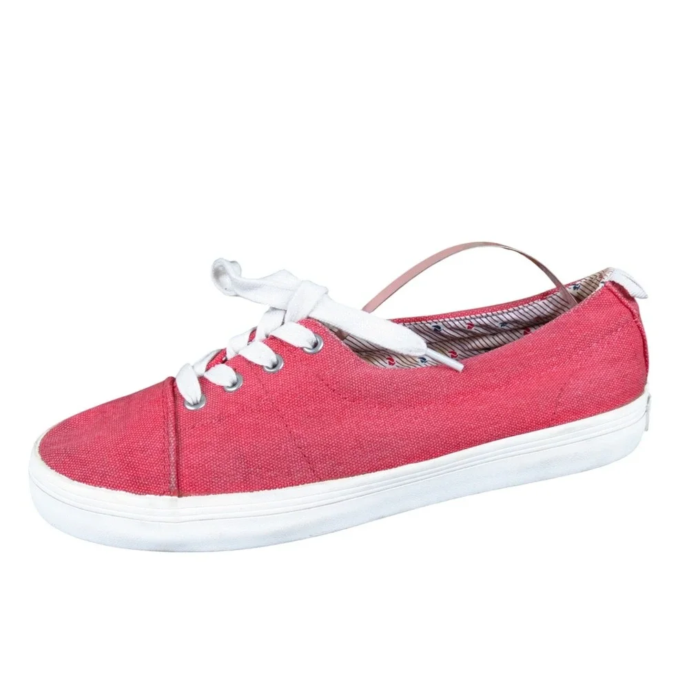 Lands'‎ End Women Canvas Lace Up Sneaker Size 8.5 Casual Walking Shoe Red White